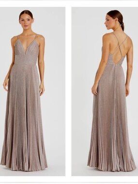 NEW NWT Mac Duggal Shimmer Pleated V-Neck Maxi Gown In Rose Gold